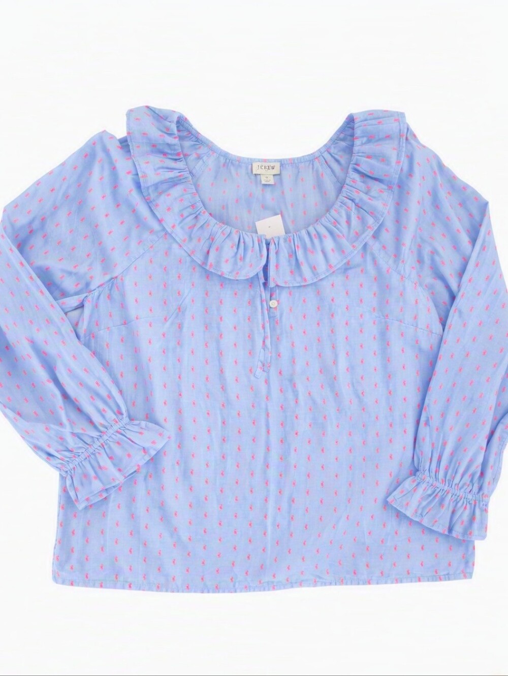 J.Crew Cotton Light Blue Pink Ruffle Collar Cuff Peasant Cottagecore Blouse S